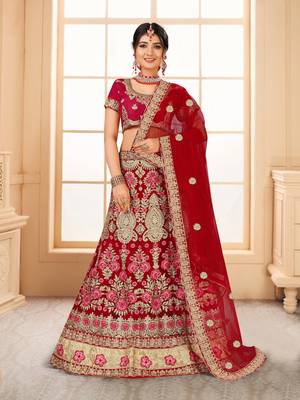 red embroidered net semi stitched lehenga choli 1