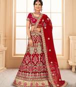 red embroidered net semi stitched lehenga choli