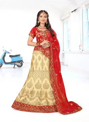 beige embroidered silk blend semi stitched lehenga choli 1