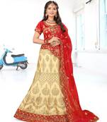 beige embroidered silk blend semi stitched lehenga choli
