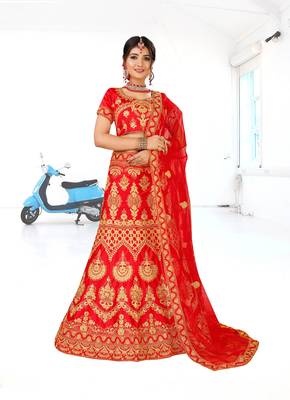Red Embroidered Silk Blend Semi Stitched Lehenga Choli 1
