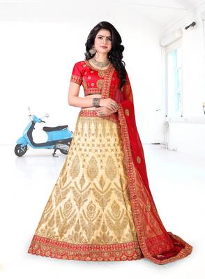 beige embroidered silk blend semi stitched lehenga choli 1