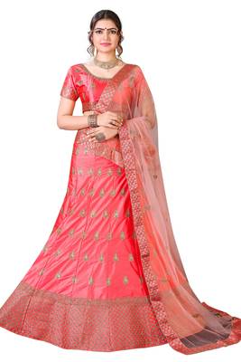 pink embroidered silk blend semi stitched lehenga choli 1