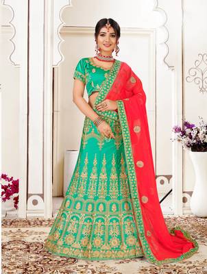 green embroidered silk blend semi stitched lehenga choli 1