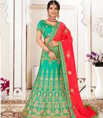 green embroidered silk blend semi stitched lehenga choli