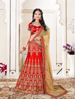 Red Embroidered Silk Blend Semi Stitched Lehenga Choli 1