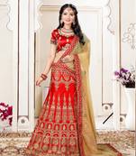 Red Embroidered Silk Blend Semi Stitched Lehenga Choli