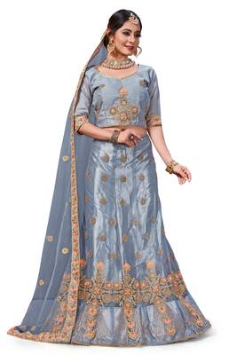 grey embroidered net semi stitched lehenga choli 1