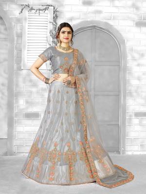 grey embroidered net semi stitched lehenga choli 1