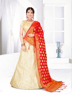 beige embroidered silk blend semi stitched lehenga choli 1