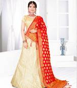 beige embroidered silk blend semi stitched lehenga choli
