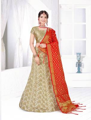 Beige Embroidered Silk Blend Semi Stitched Lehenga Choli 1