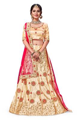 Beige Embroidered Silk Blend Semi Stitched Lehenga Choli 1