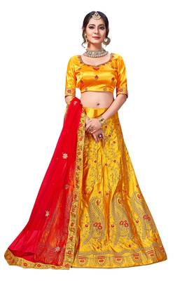 yellow embroidered silk blend semi stitched lehenga choli 1