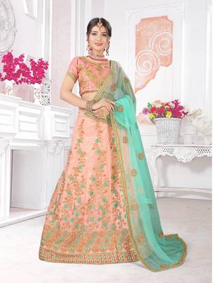 peach embroidered organza semi stitched lehenga choli 1