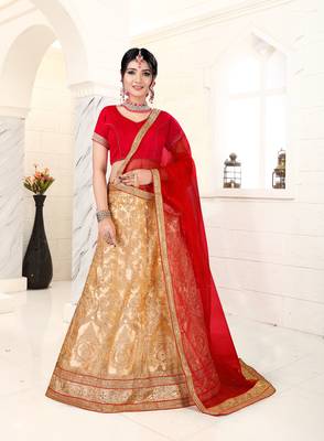 beige embroidered net semi stitched lehenga choli 1