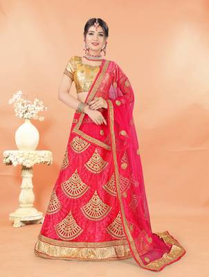 Pink Embroidered Net Semi Stitched Lehenga Choli 1