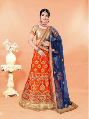 orange embroidered net semi stitched lehenga choli 1