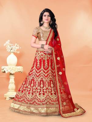 red embroidered net semi stitched lehenga choli 1