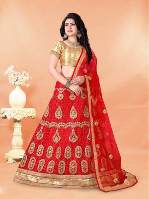 red embroidered net semi stitched lehenga choli 1