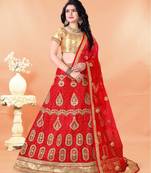 red embroidered net semi stitched lehenga choli