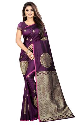 Purple printed cotton silk saree with blouse 1