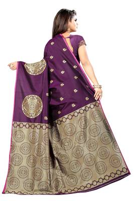 Purple printed cotton silk saree with blouse 3