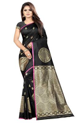 Black printed cotton silk saree with blouse 1