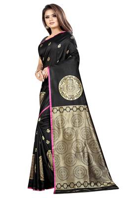 Black printed cotton silk saree with blouse 2