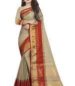 Beige plain cotton silk saree with blouse