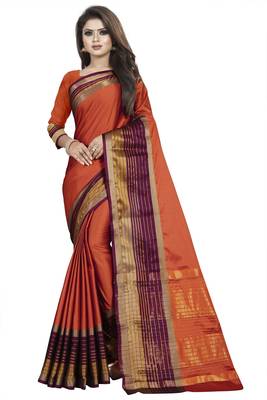 Red plain cotton silk saree with blouse 1