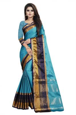 Sky blue plain cotton silk saree with blouse 1