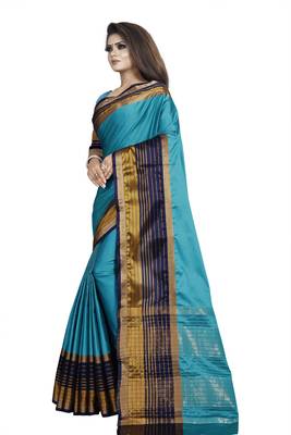 Sky blue plain cotton silk saree with blouse 2