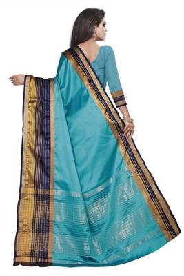 Sky blue plain cotton silk saree with blouse 3