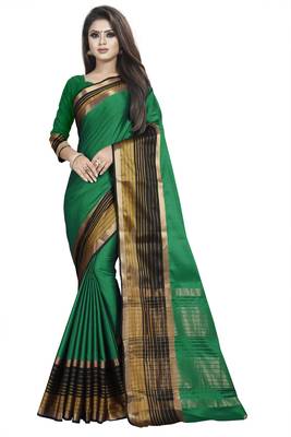 Green plain cotton silk saree with blouse 1