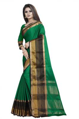 Green plain cotton silk saree with blouse 2