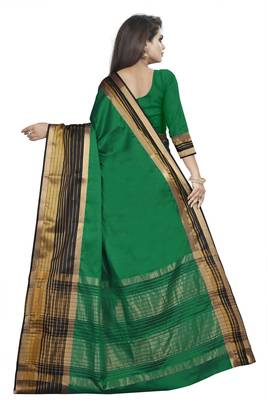 Green plain cotton silk saree with blouse 3