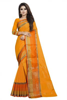 Yellow plain cotton silk saree with blouse 1
