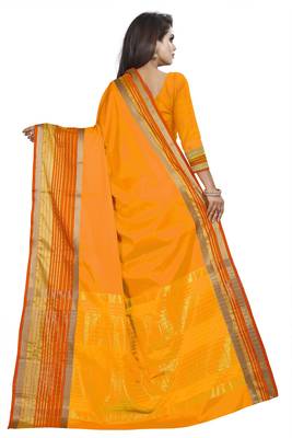 Yellow plain cotton silk saree with blouse 3