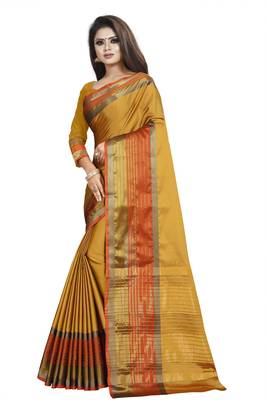 Mustard plain cotton silk saree with blouse 2