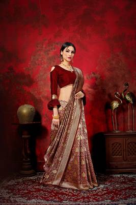 Brown woven silk blend saree with blouse 2
