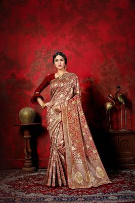 Brown woven silk blend saree with blouse 5