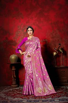 Dark hot pink woven silk blend saree with blouse 1