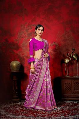 Dark hot pink woven silk blend saree with blouse 2