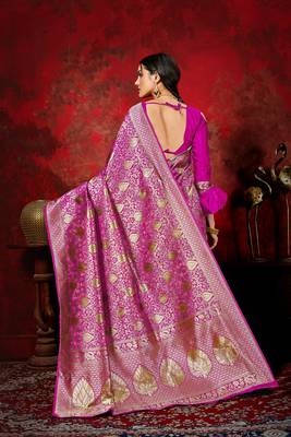 Dark hot pink woven silk blend saree with blouse 3