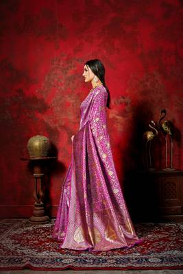 Dark hot pink woven silk blend saree with blouse 4