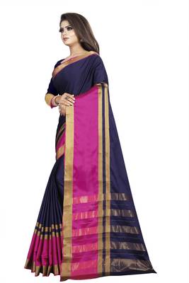 Blue plain cotton silk saree with blouse 2