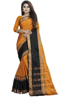 Orange plain cotton silk saree with blouse 1