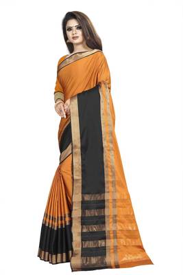 Orange plain cotton silk saree with blouse 2