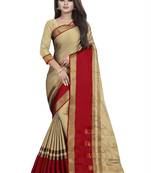 Beige plain cotton silk saree with blouse